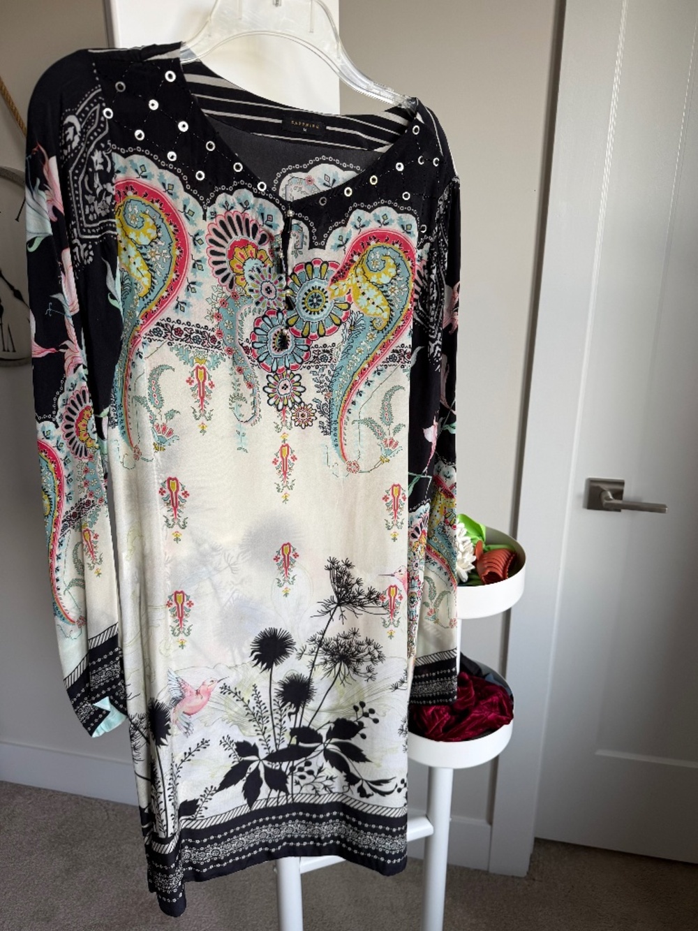 SAPPHIRE Paisley & Floral Printed Silk/Satin Kurti Tunic Top - Size Medium